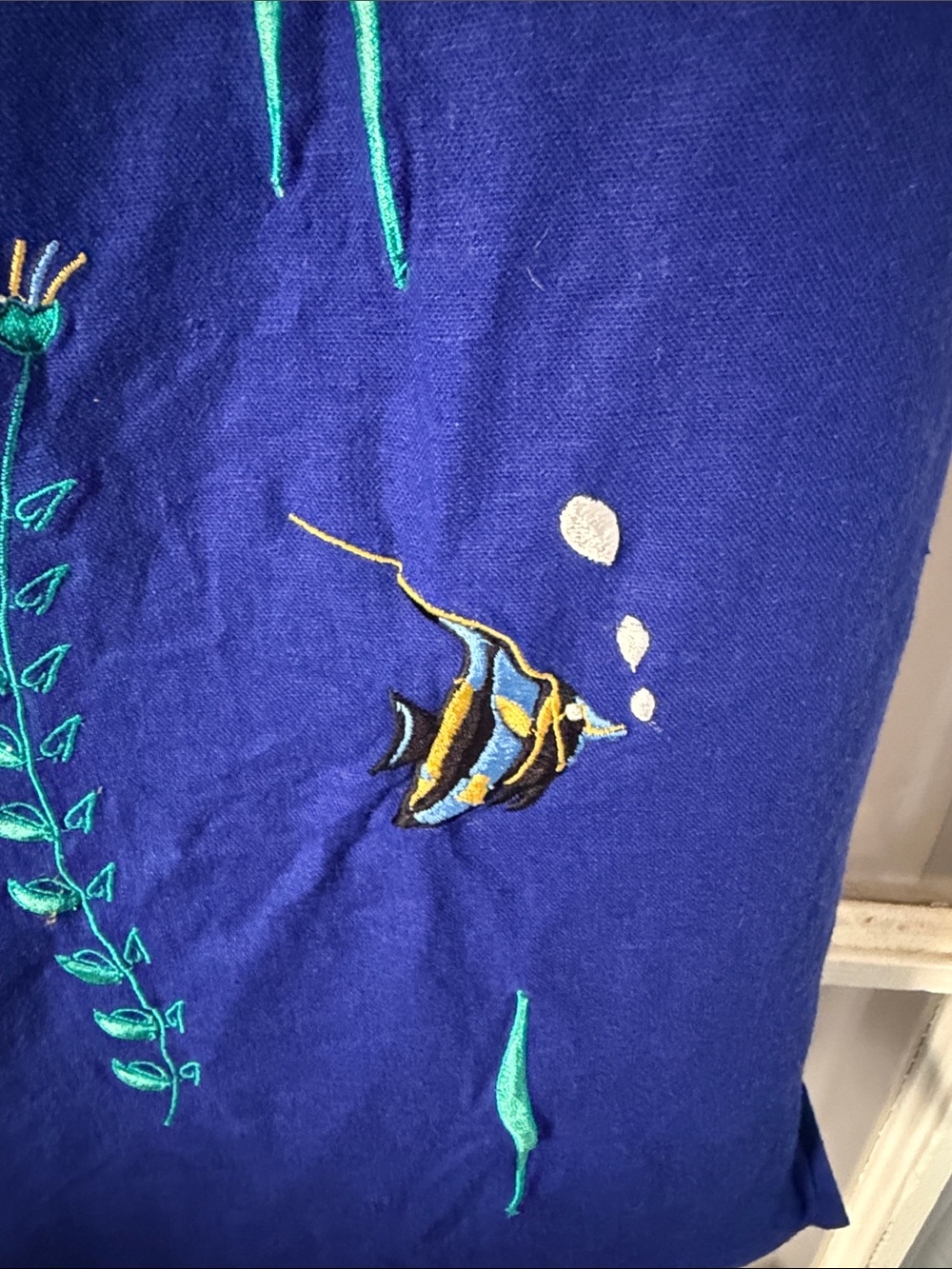 Vintage Royal Blue Embroidered Fish Linen Blend Shift Dress Size 6 - Picture 6 of 8